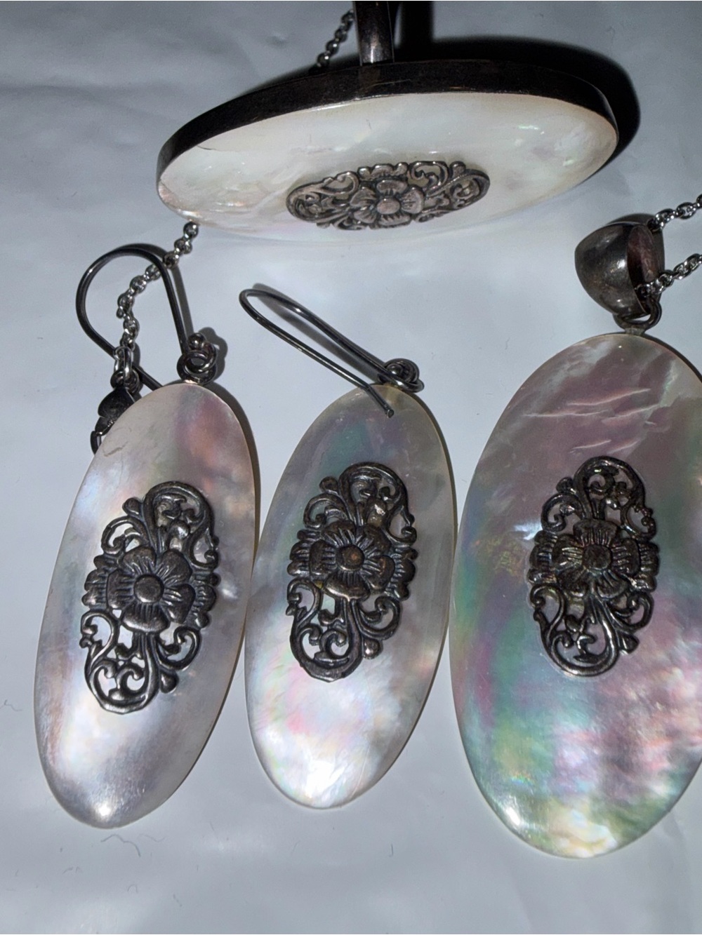 Sterling Silver Mother-of-Pearl Pendant, ring & Earring Set - flower